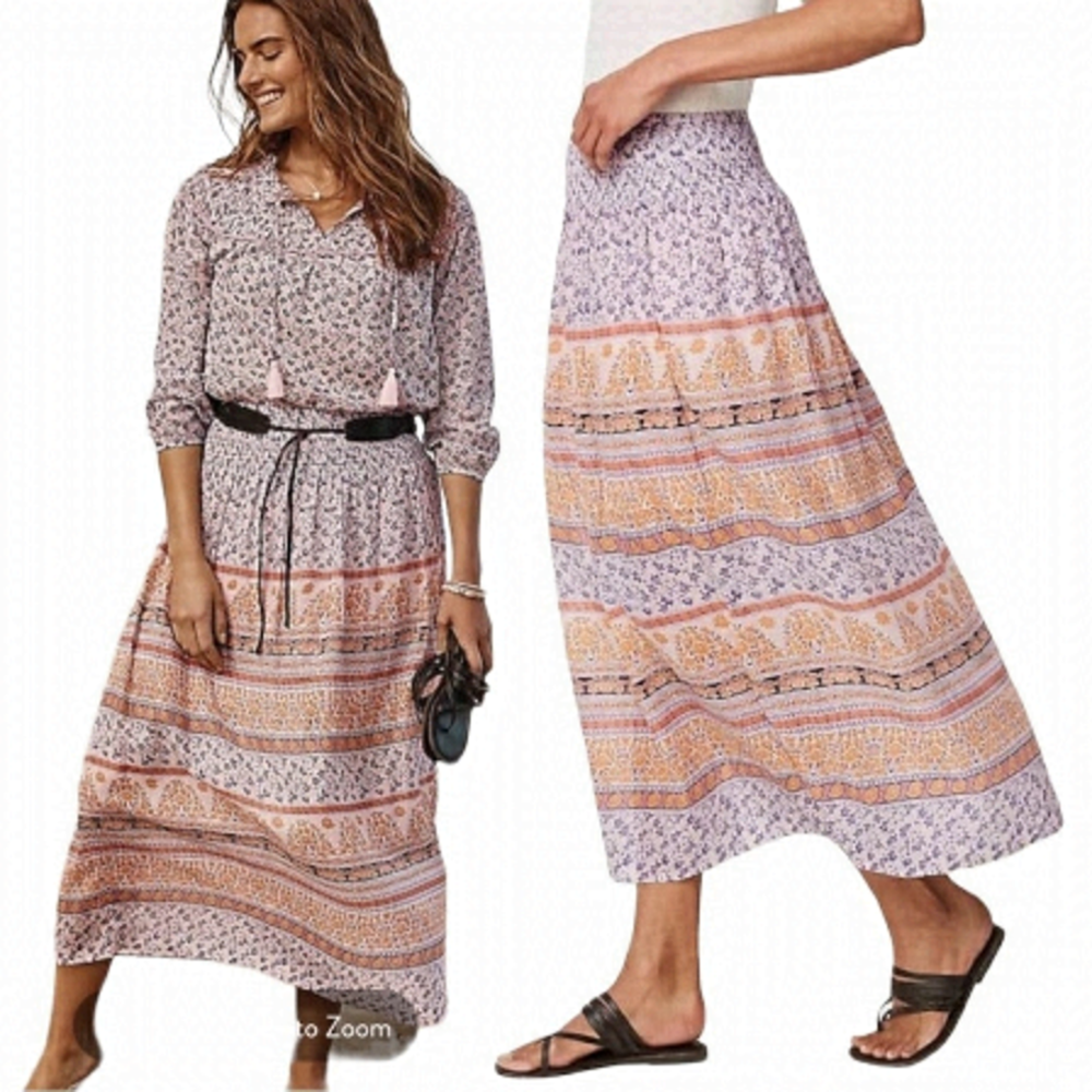 J. Jill Corfu Smocked-Waist Maxi Skirt Rosewater Patterned Floral Stripe Small